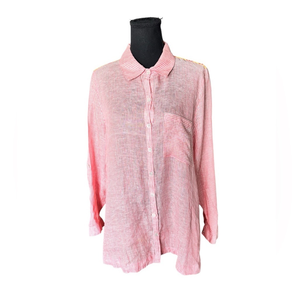 Soft Surroundings Boho Patchwork Button Down Tunic Shirt Pink Stripe Size L U36